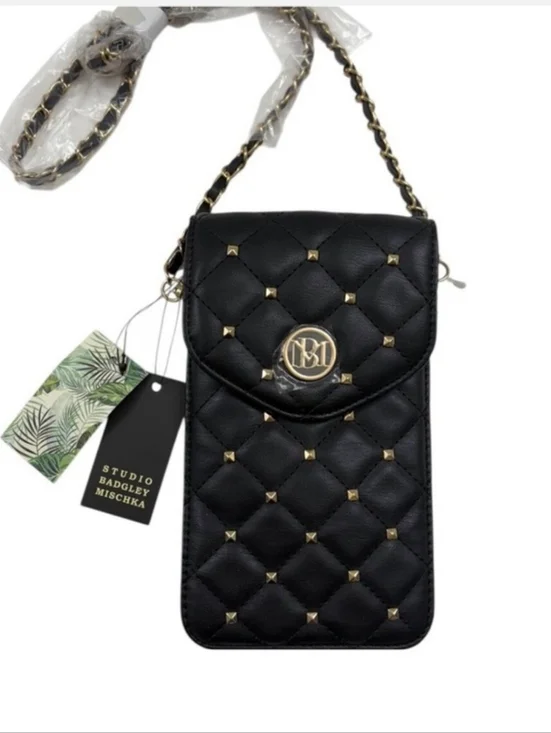 Badgley Mischka Black Quilted Crossbody Phone Bag with Gold Hardware - Picture 1 of 8